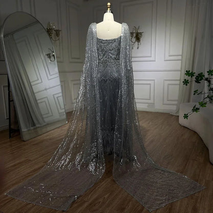Bling Gray Mermaid Feather Arabic Midi Evening Dress with Cape LA72334 - SERENE HILL