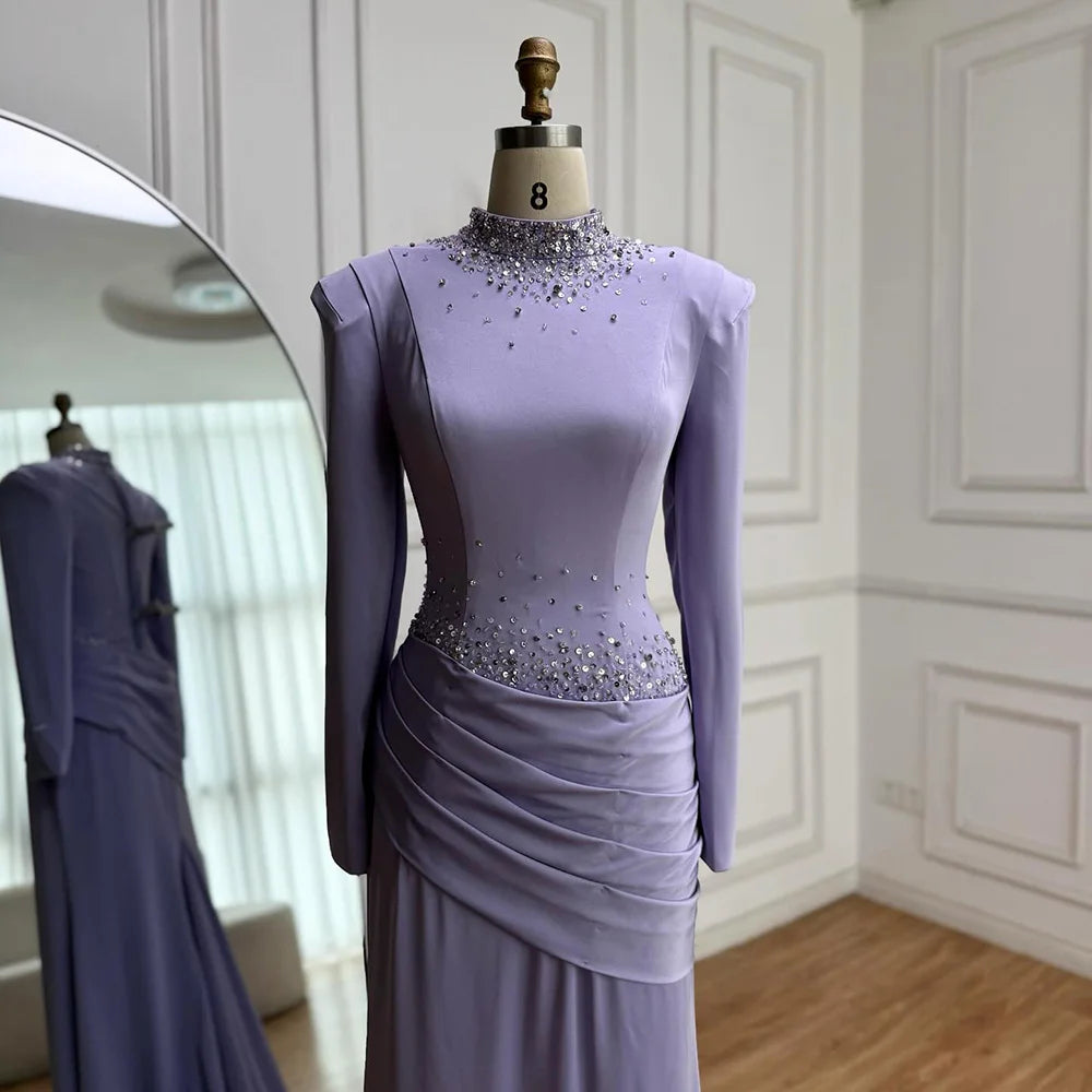 Luxury Muslim Modest Lilac Beaded Long Sleeve Evening Dress LA73093 - SERENE HILL