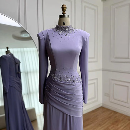 Luxury Muslim Modest Lilac Beaded Long Sleeve Evening Dress LA73093 - SERENE HILL