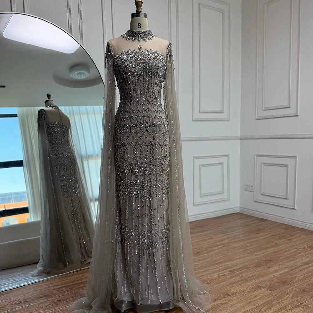Luxury Nude Beaded Evening Dress with Long Cape Sleeves LA72714A - SERENE HILL