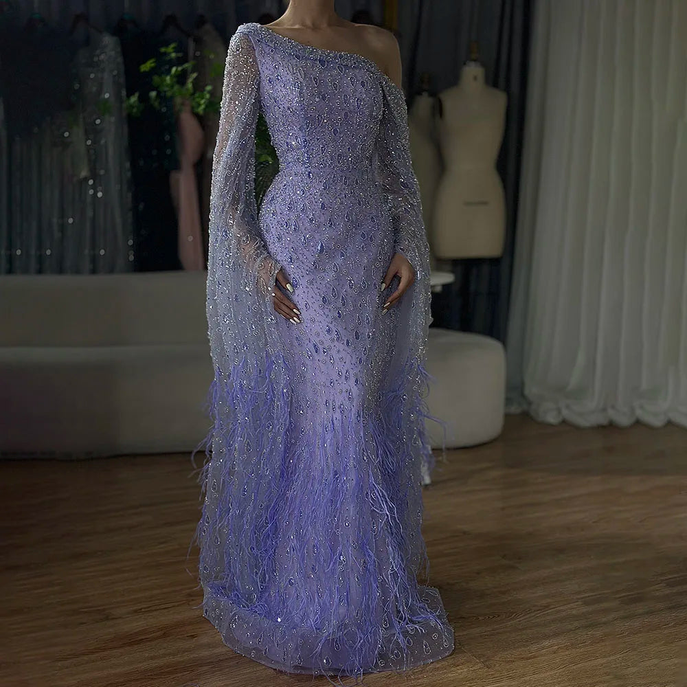 serene hill luxury blue designer mermaid evening dress with feather cape 