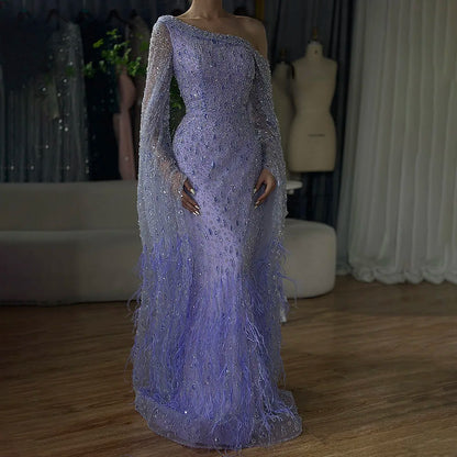 Luxury Feather One Shoulder Evening Dress with Cape Sleeves LA72763 - SERENE HILL