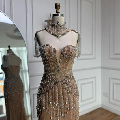 Luxury Nude Pearl Beaded Tassel Mermaid Evening Dress LA73183 - SERENE HILL