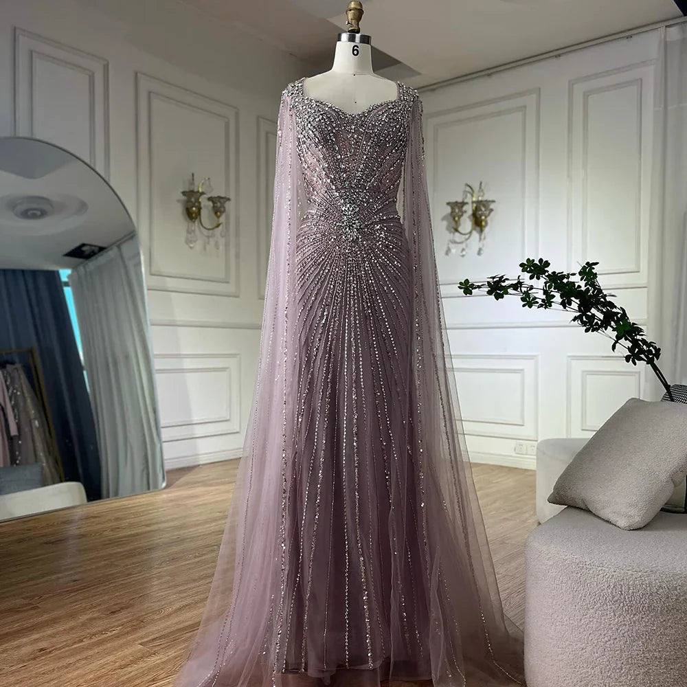 Dubai Luxury Nude Cape Sleeves Beaded Evening Dress LA72575A - SERENE HILL