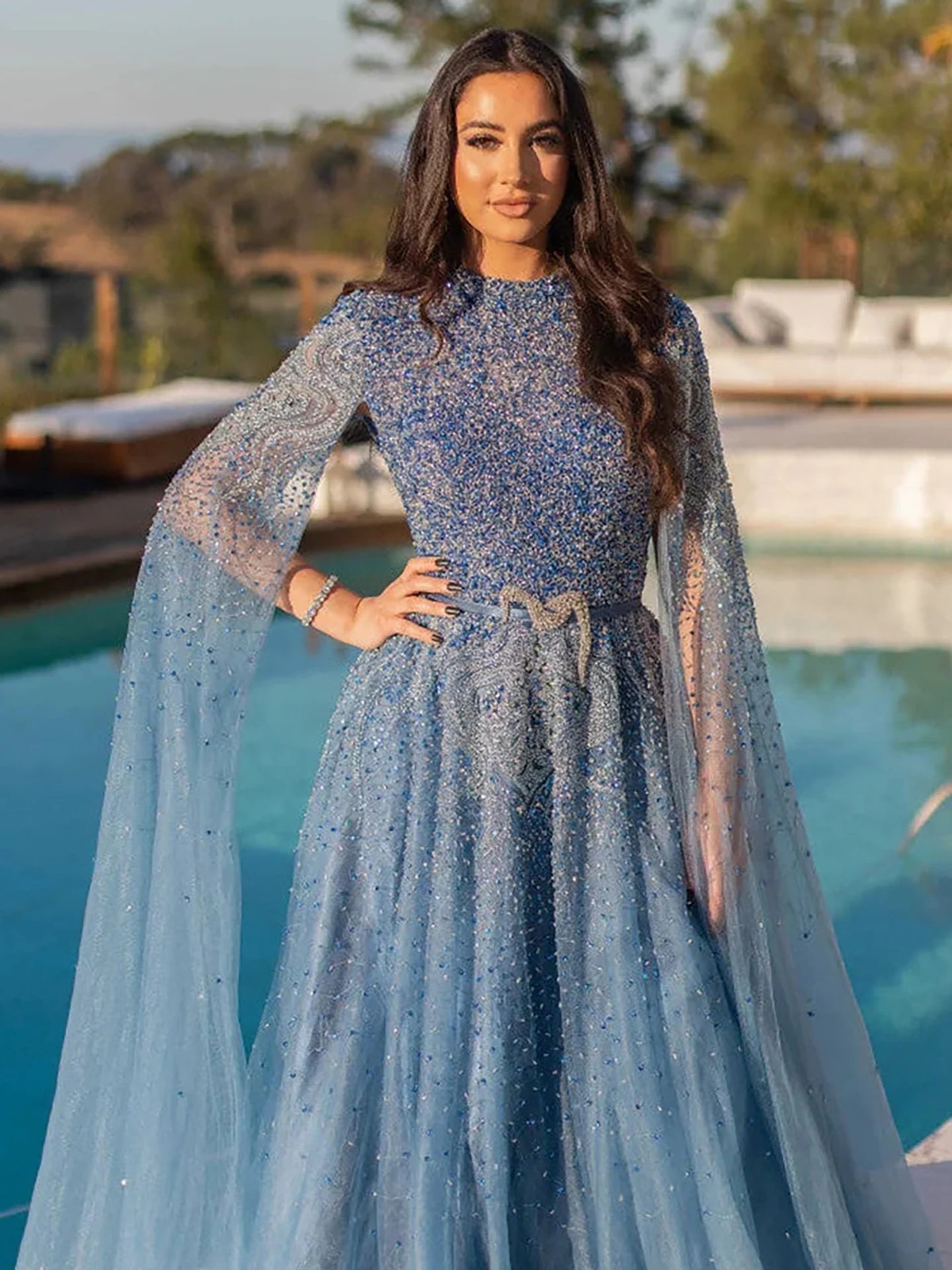 Luxury Blue A-Line High Neck Beaded Evening Dress with Cape Sleeves LA70066B - SERENE HILL