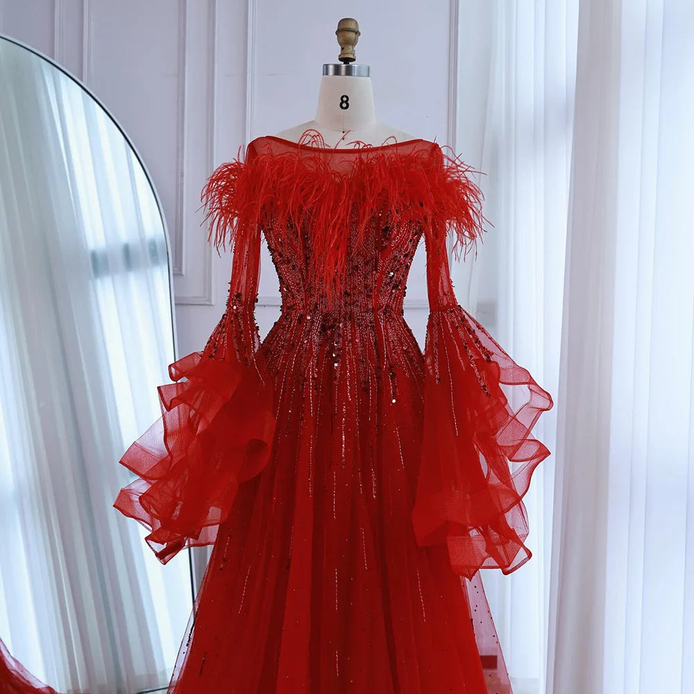 Luxury Red Feathered A-Line Evening Dress with Puffy Sleeves LA73080 - SERENE HILL