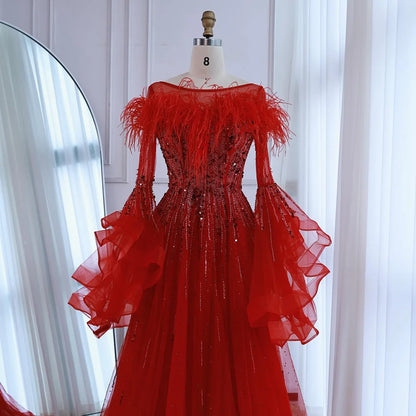 Luxury Red Feathered A-Line Evening Dress with Puffy Sleeves LA73080 - SERENE HILL
