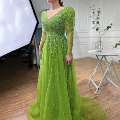 Green Mermaid Elegant With Skirt Sleeves Beaded Evening Dresses Gowns For Party LA71762 - SERENE HILL