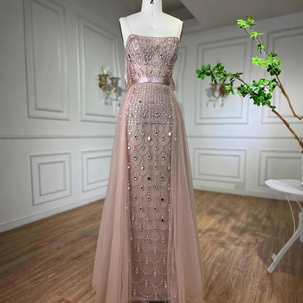 Luxury Caramel Beaded Mermaid Evening Dress with Overskirt LA71922 - SERENE HILL