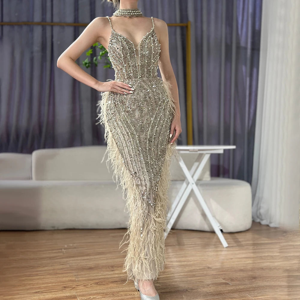 feather formal dress Serene Hill White Nude Mermaid Spaghetti Strap Beaded Feather Evening White Nude / 14