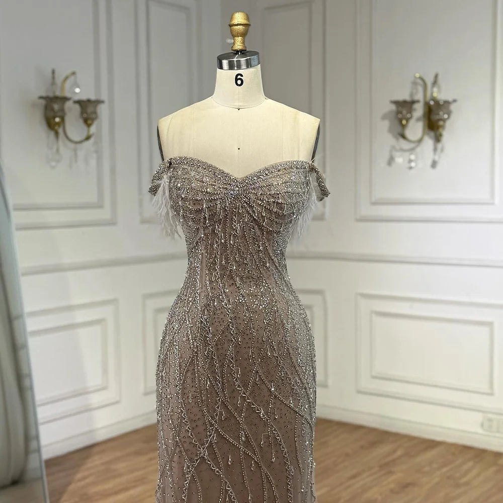 Luxury Nude Beaded Feather Mermaid Evening Dress Dubai Style LA72818 - SERENE HILL