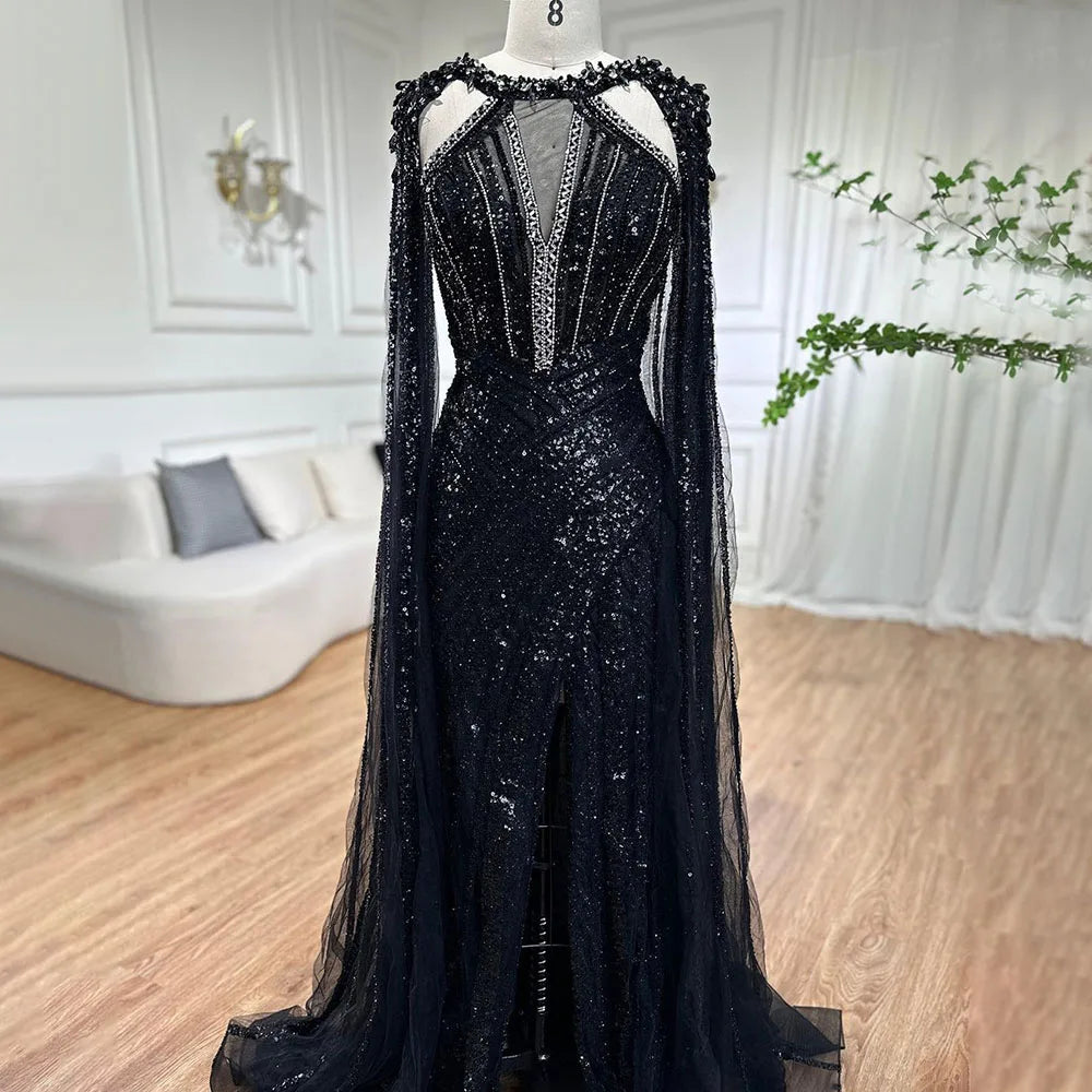 Luxury Crystal Yellow Evening Dress with Cape Sleeves LA72085 - SERENE HILL