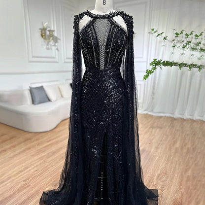 Luxury Crystal Yellow Evening Dress with Cape Sleeves LA72085 - SERENE HILL