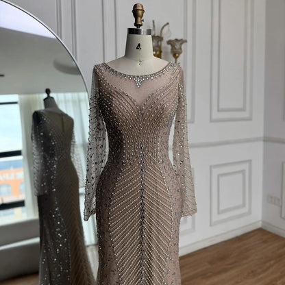 Luxury Arabic Silver Nude Beaded Mermaid Long Sleeve Evening Dress LA73132 - SERENE HILL