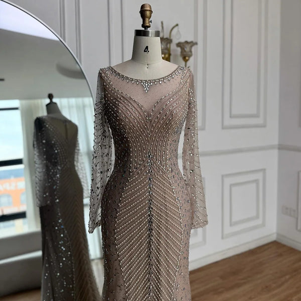 Luxury Arabic Silver Nude Beaded Mermaid Long Sleeve Evening Dress LA73132