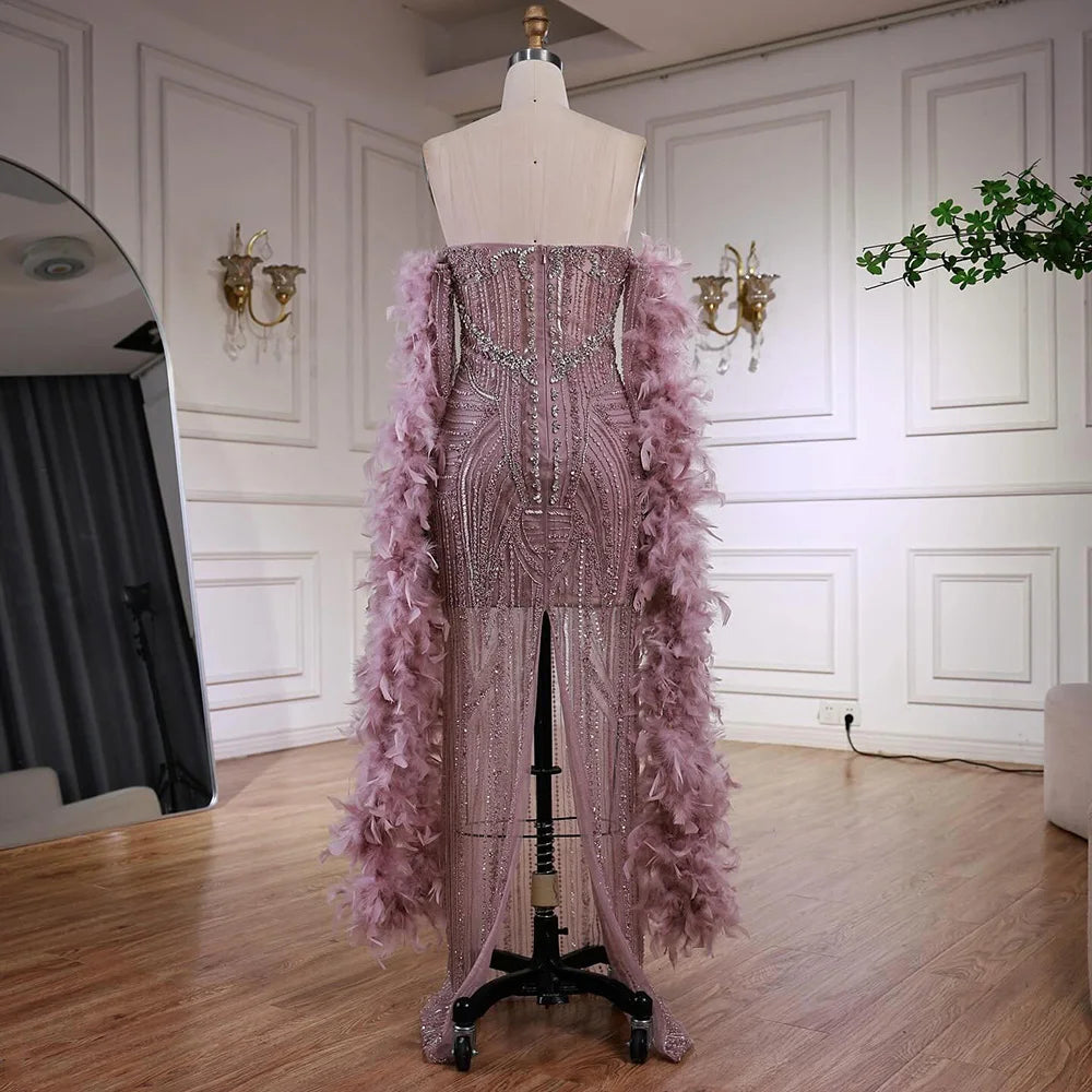 Luxury Caramel Beaded Evening Dress with Feather Sleeves LA73055 - SERENE HILL