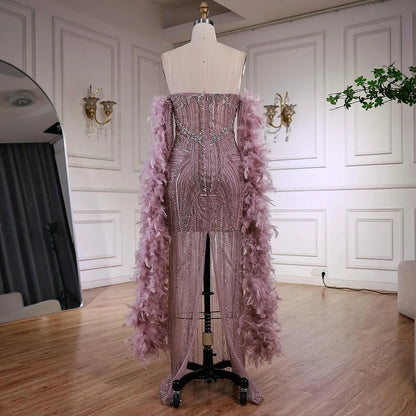 Luxury Caramel Beaded Evening Dress with Feather Sleeves LA73055 - SERENE HILL