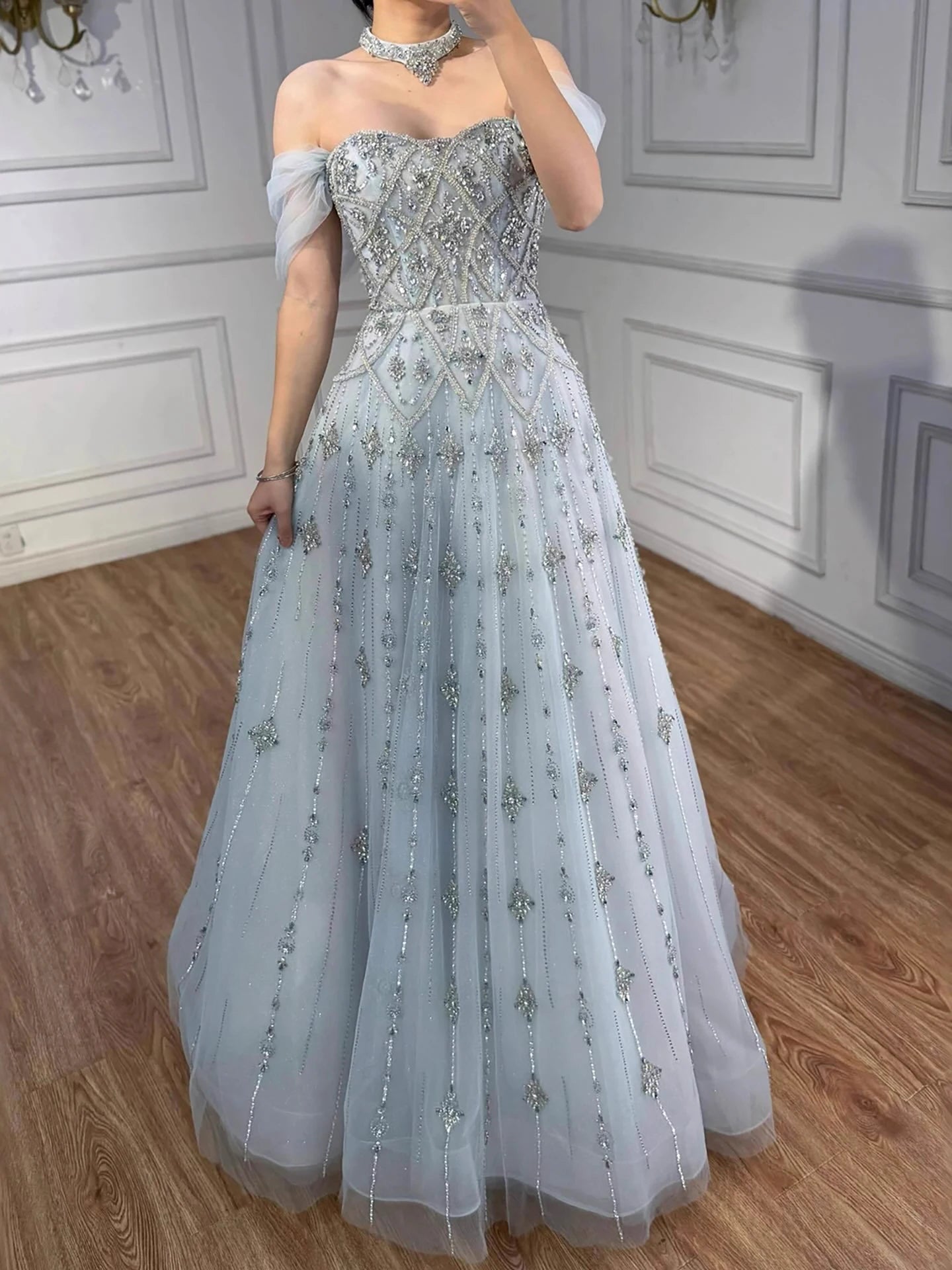 Luxury Gray Blue A-Line Dreamy Beaded Evening Dress With Necklace LA73397 - SERENE HILL