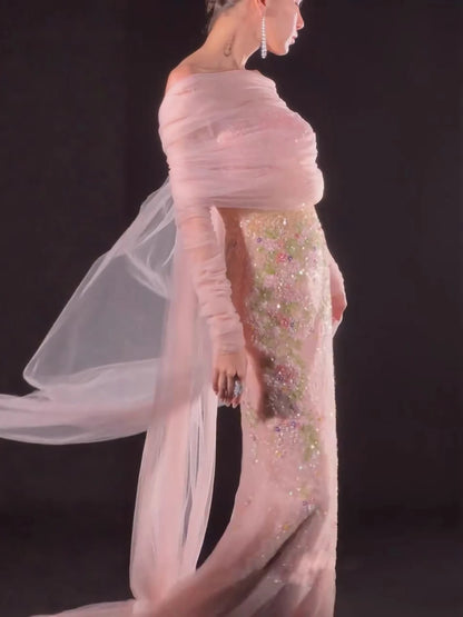 Luxury Pink Beaded Mermaid Evening Dress with Sheer Cape LA73346 - SERENE HILL