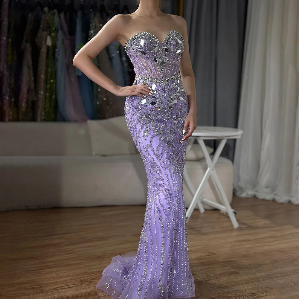 Serene Hill Arabic Blue Elegant Mermaid Beaded Luxury Dubai Evening Dresses Gowns 2025 for Women&