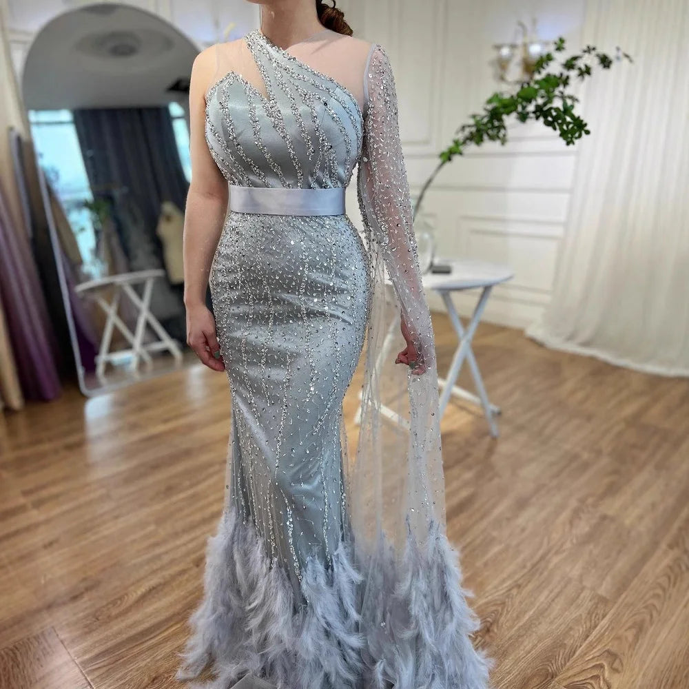 Elegant Nude One Shoulder Feather Beaded Mermaid Evening Dress LA71096 - SERENE HILL