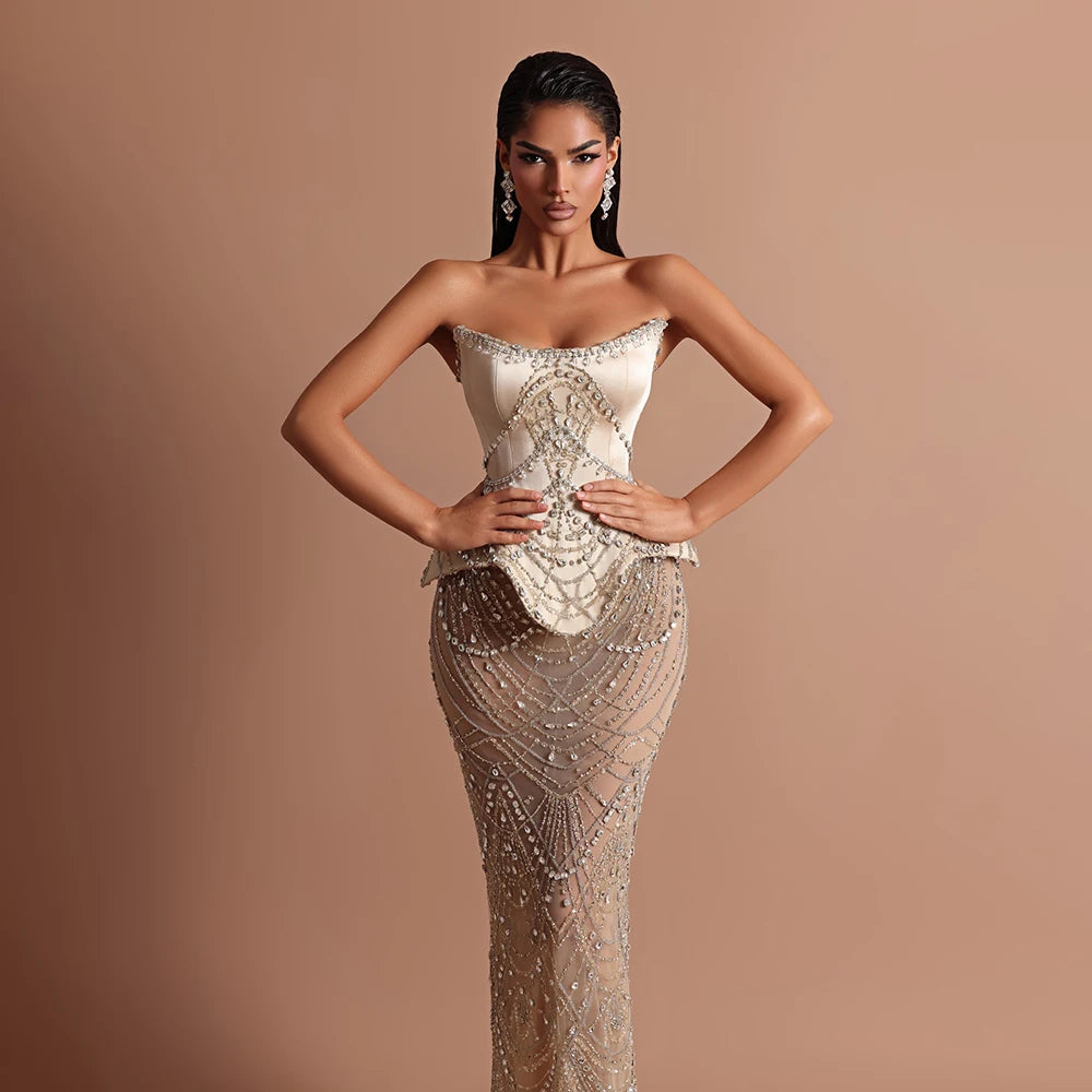 Luxury Nude Beaded Mermaid Evening Dress LA73166 - SERENE HILL