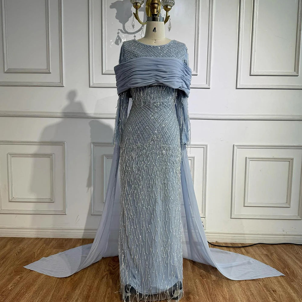 Arabic Blue Mermaid Evening Dress with Beaded Tassels LA72374A - SERENE HILL