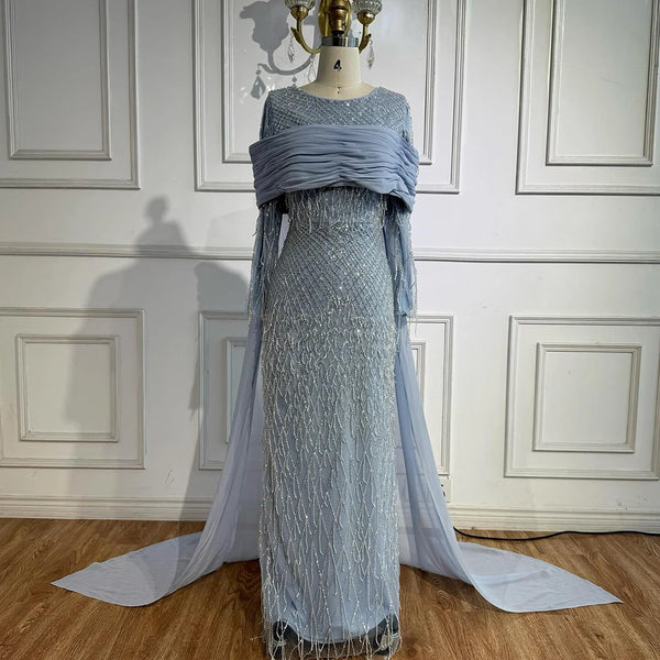 Arabic Blue Mermaid Evening Dress with Beaded Tassels LA72374A