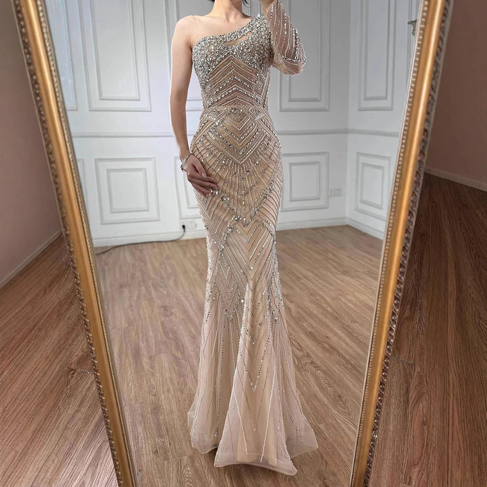 Luxury Nude One Shoulder Long Sleeve Beaded Evening Dress LA73180 - SERENE HILL