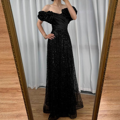 Luxury Black Off Shoulder Sequin Evening Dress with Floral Sleeves LA73096 - SERENE HILL