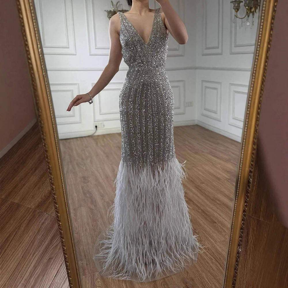Luxury Silver Feather Mermaid V-Neck Evening Dress LA60749 - SERENE HILL
