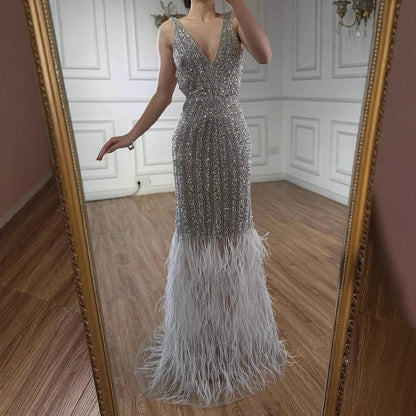 Luxury Silver Feather Mermaid V-Neck Evening Dress LA60749 - SERENE HILL