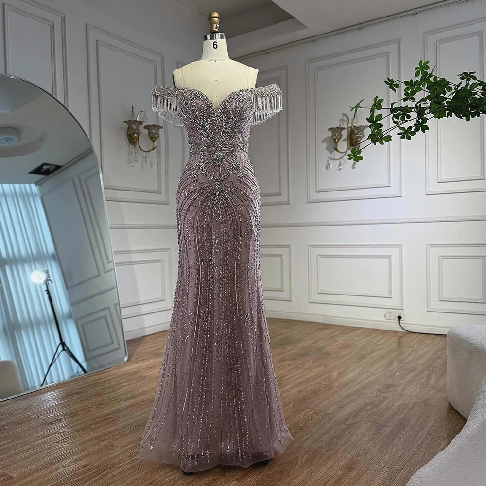 Luxury Pink Crystal Tassel Off Shoulder Evening Dress Dubai LA73204 - SERENE HILL
