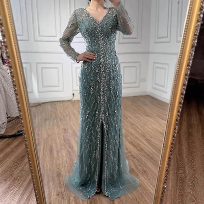 Luxury Turquoise Crystal Beaded Evening Dress Elegant Slit Gown LA73179 - SERENE HILL