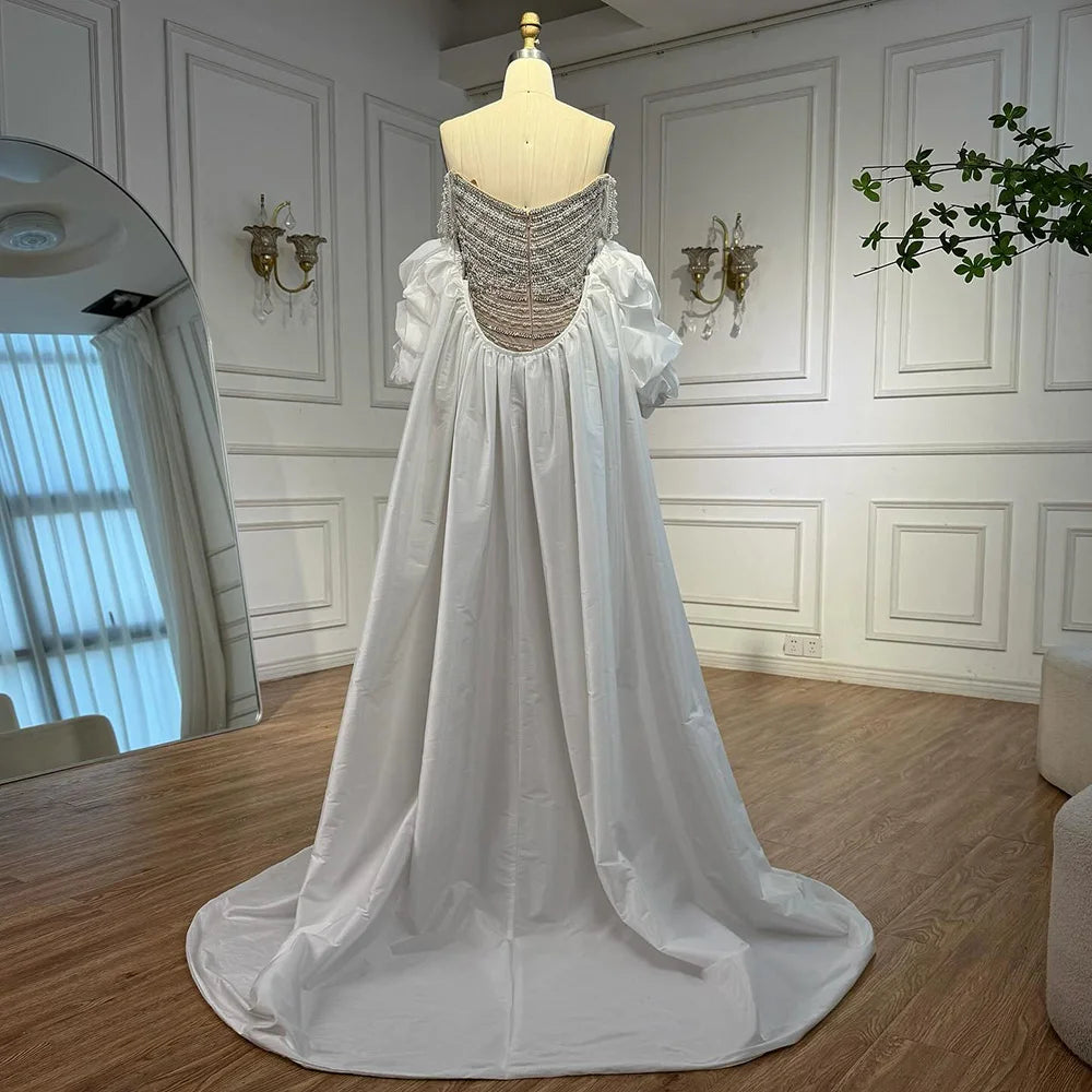 White Nude Beaded Mermaid Evening Dress with Satin Cape LA72253B - SERENE HILL