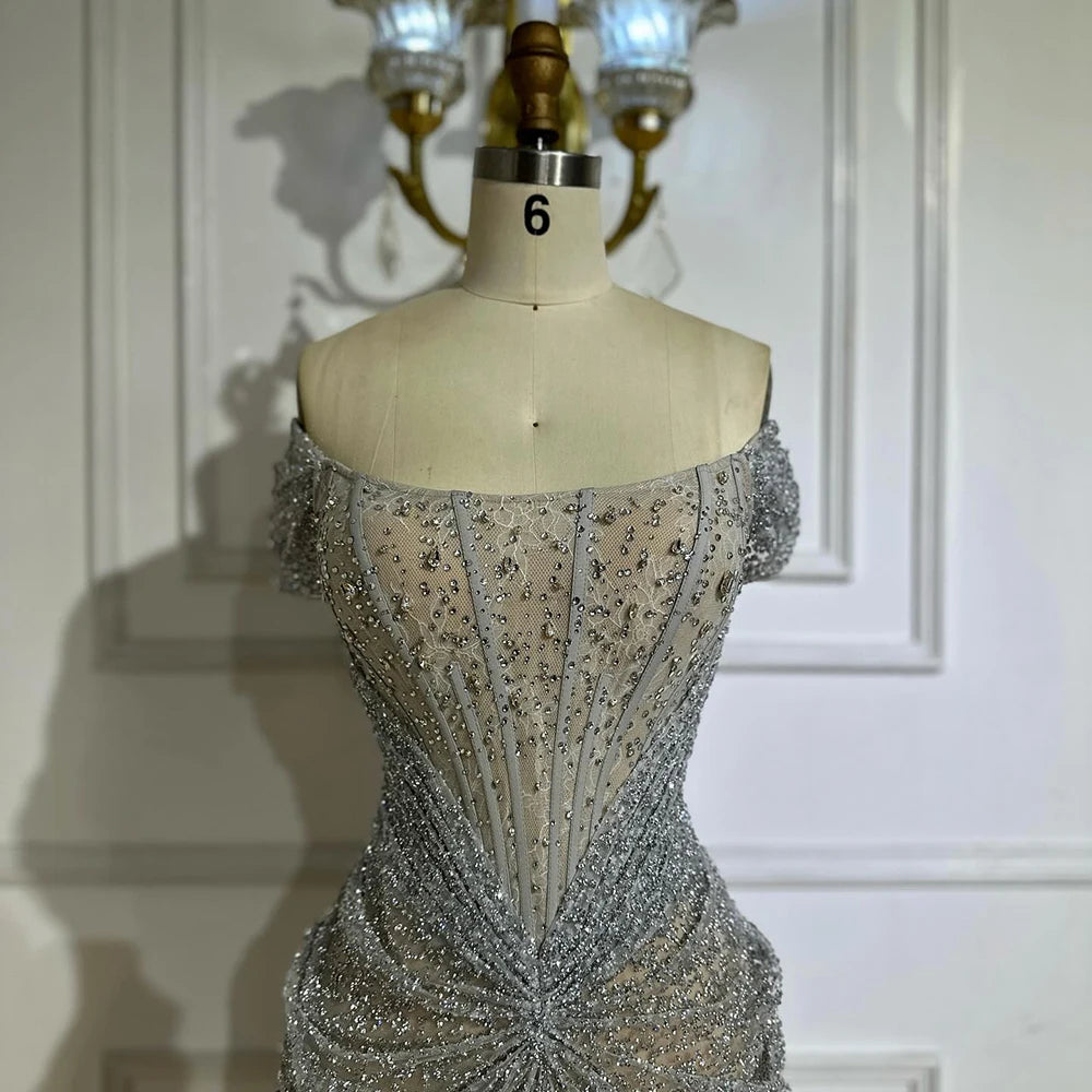 Luxury Designer Beaded Silver Nude Mermaid Evening Dress LA72905 - SERENE HILL