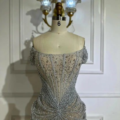 Luxury Designer Beaded Silver Nude Mermaid Evening Dress LA72905 - SERENE HILL