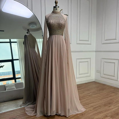 Luxury Nude Chiffon Beaded Evening Dress with Cape LA73144 - SERENE HILL