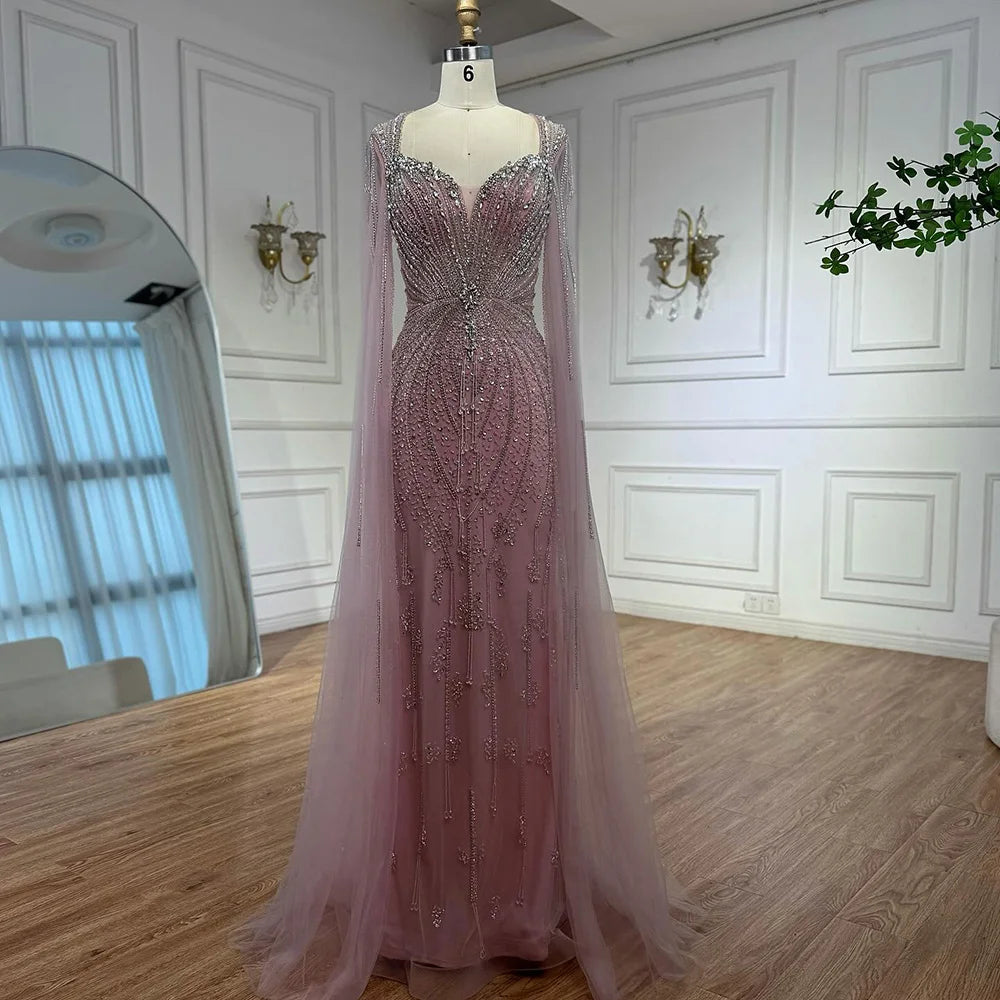 Luxury Designer Beige Beaded Evening Dress with Cape Sleeves LA72992 - SERENE HILL