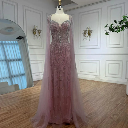 Luxury Designer Beige Beaded Evening Dress with Cape Sleeves LA72992 - SERENE HILL