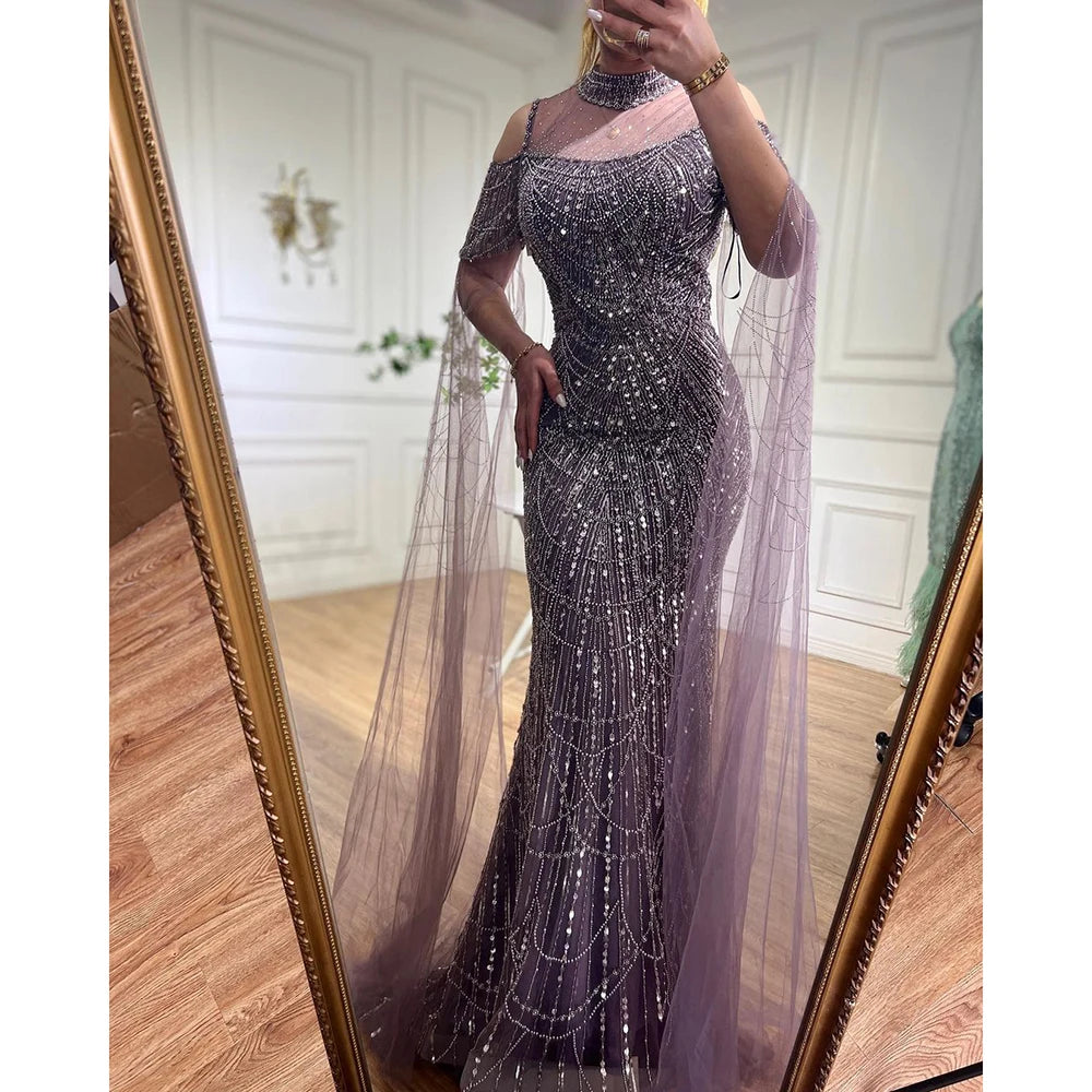 Serene Hill Arabic Purple Mermaid Cape Sleeves Beaded Luxury Long Evening Dresses Gowns 2025 For Woman Wedding Party LA71992 - SERENE  HILL