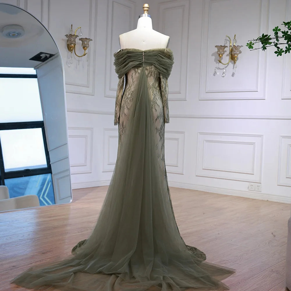 Elegant Olive Green Evening Dress with Lace Sleeves LA72942 - Olive Green / 4 Elegant Olive Green Evening Dress with Lace Sleeves LA72942 - Olive Green / 4