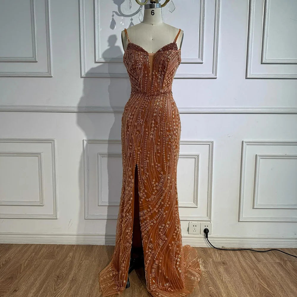 Orange Beaded Evening Dress with Slit Spaghetti Straps LA72542 - SERENE HILL