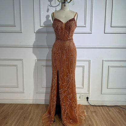 Orange Beaded Evening Dress with Slit Spaghetti Straps LA72542 - SERENE HILL