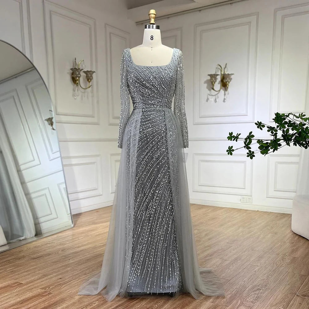 Luxury Gray Beaded Mermaid Evening Dress with Detachable Skirt LA71618L - SERENE HILL