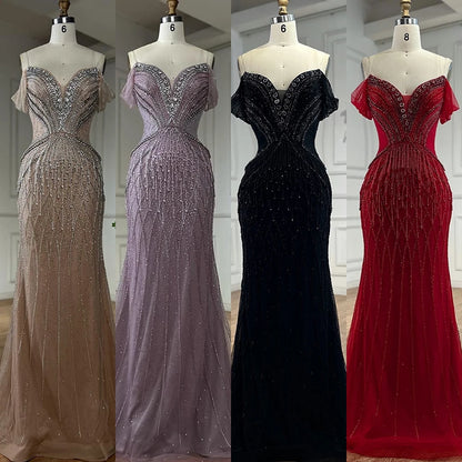Saudi Arabic Off Shoulder Nude Beaded Tulle Mermaid Evening Gown LA72854 - SERENE HILL