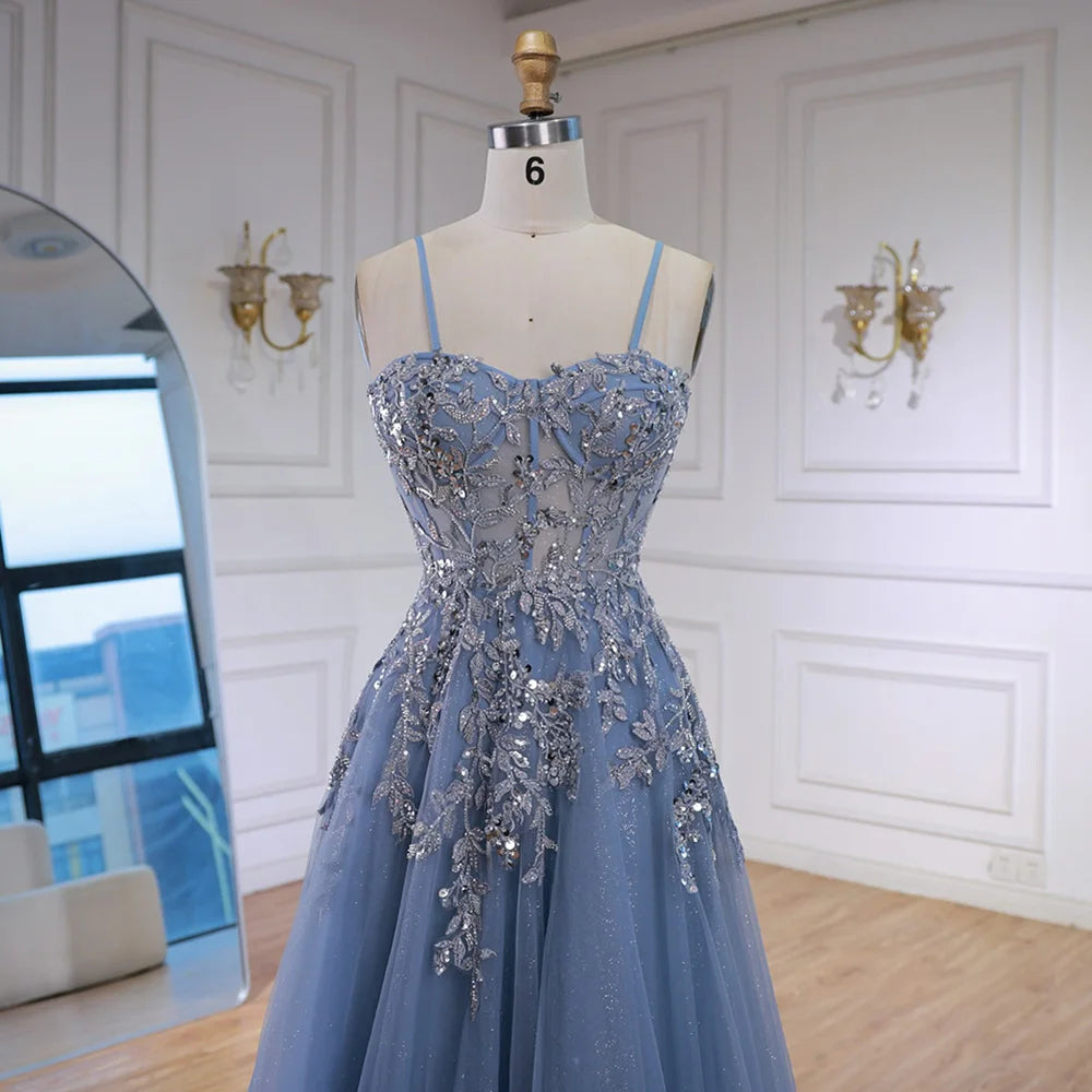 Luxury Gray Tulle A Line Prom Dress with Floral Appliques LA73015 - SERENE HILL