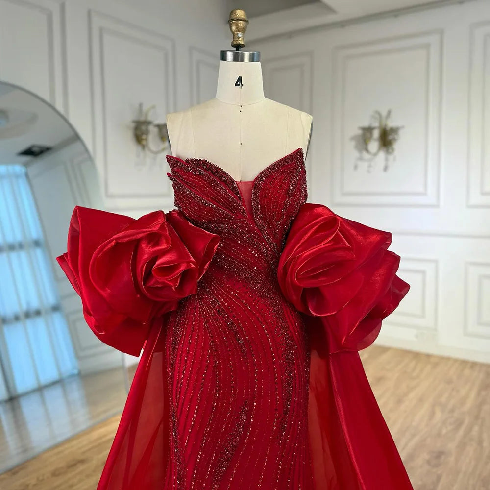 Luxury Designer Red Beaded Mermaid Evening Dress with Cape LA72896 - SERENE HILL