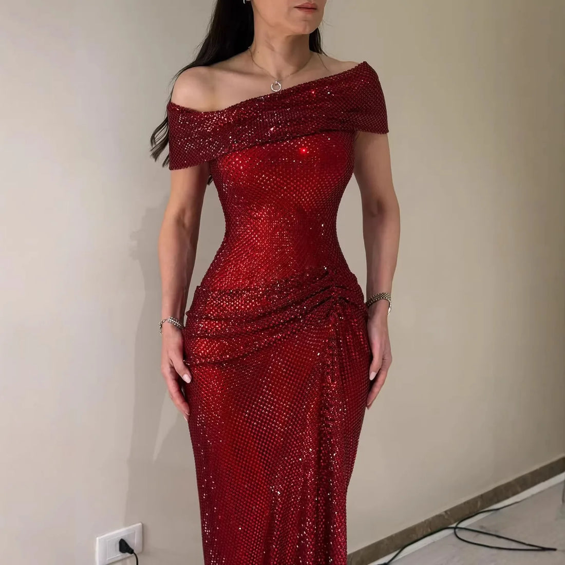 Red Beaded Mermaid Gown | Serene Hill Dubai LA73437 - SERENE HILL