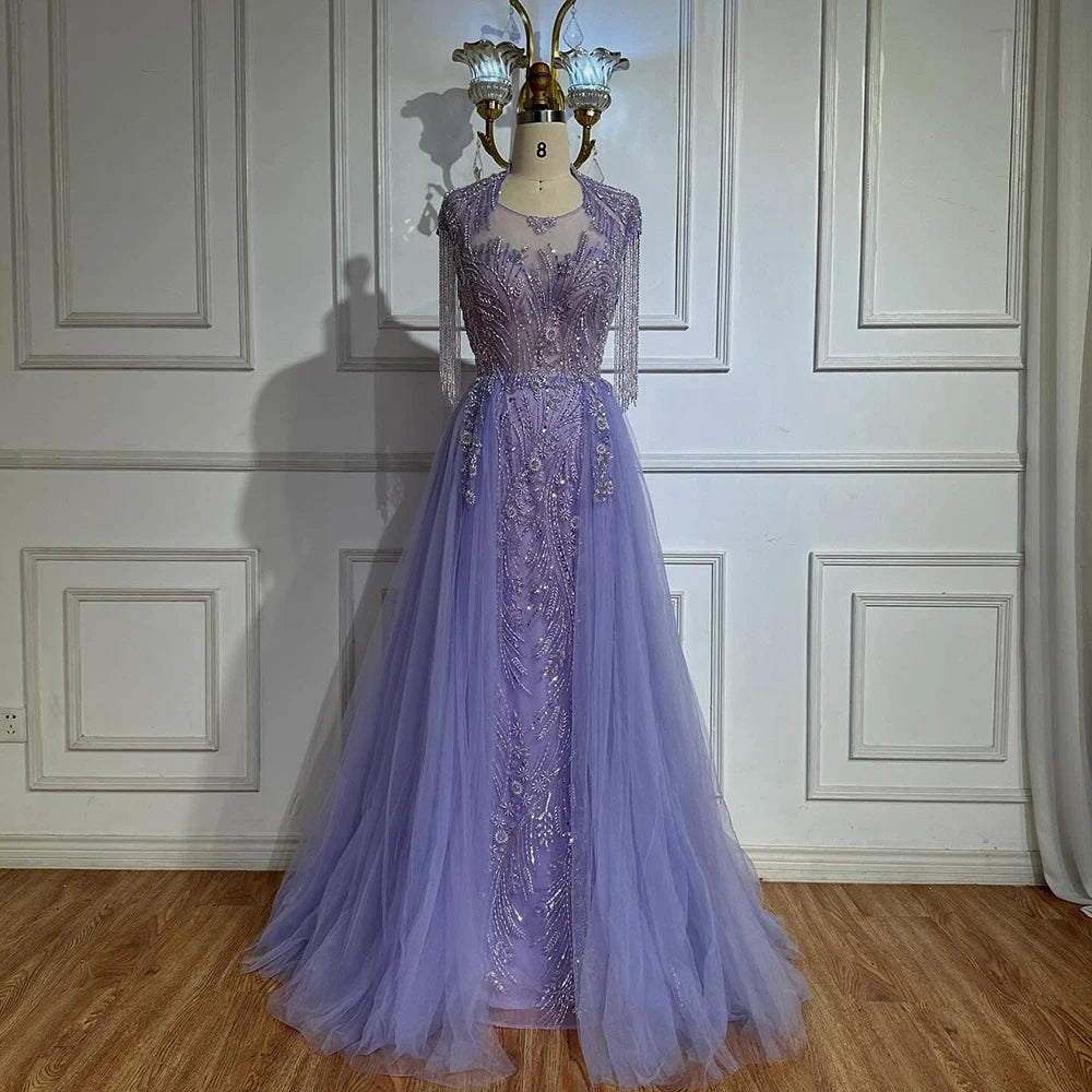 Serene Hill 2025 Arabic lilac Elegant A Line Beaded Tassel Luxury Dubai Evening Dresses Gowns for Woman Wedding Party LA72422 - SERENE HILL